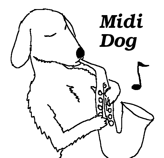 poorly drawn but amusing image of a dog playing a saxophone with the caption «midi dog»